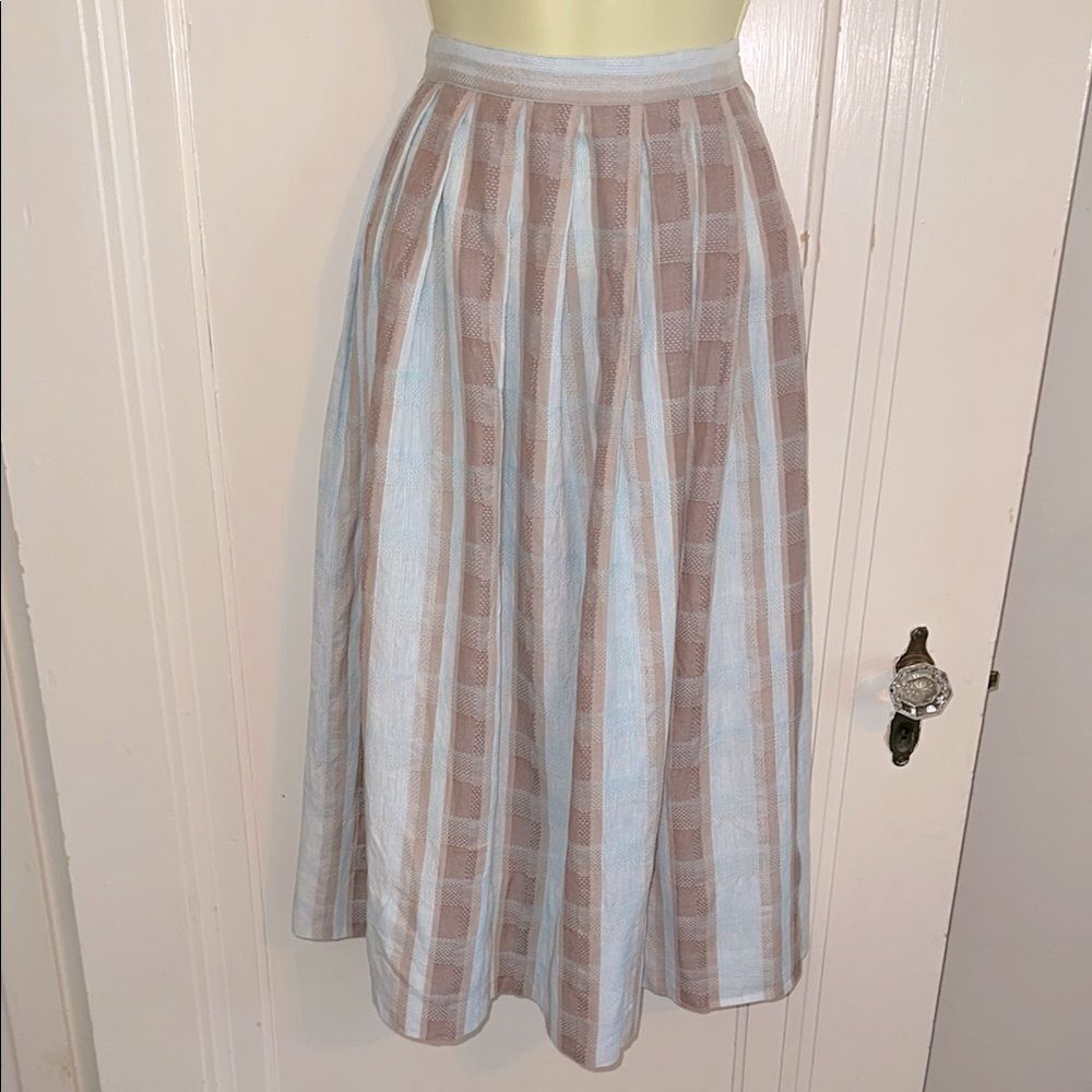 Vintage 80s Gregge Sport Light Blue & Tan Plaid Pleated Full Midi Skirt‎